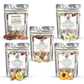 Nelson's Tea Favorites Sampler Pack - Caffeine Free - Loose Leaf Tea Sampler - A&J's Root Beer, Banana Nut Bread, Chamomile Honey Vanilla, Lemon Ginger Honey, Peach Dream - Samples Sizes