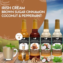 Syruvia Coffee Syrup Variety Pack, Irish Cream, Brown Sugar Cinnamon, Coconut, and Peppermint - Gluten-Free, Kosher, 25.4 fl oz bottles - Elevate Your Coffee Experience!