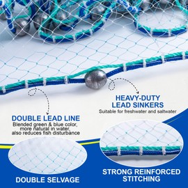 Goture American Fishing Cast Net Saltwater Freshwater,3/8in Mesh Size Casting Net for Bait Fish Shrimp Trap,Pure Lead Sinkers Dual Color Double Selvage,3ft-12ft Radius Throw Cast Net with Needle