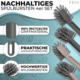 Nictario Recycled Washing Up Brush [Set of 4] with Nylon Bristles and Scraper - Dishwasher Safe Washing Up Brush in Premium Quality - Hygienic Kitchen Brush (2 x Taupe / 2 x Anthracite, Oval)