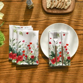 Horaldaily Valentine Cloth Napkins 18 x 18 Inch, Floral Rose Leaves Party Dinner Decoration Washable Napkins Set of 4