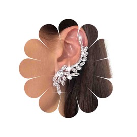 TseenYi Crystal Leaf Ear Cuff Earrings Rhinestone Crawler Earrings Silver CZ Leaf Climber Earrings Cubic Zircon Crawler Earrings Clip-on Piercing Stud Earrings Jewelry for Women and Girls