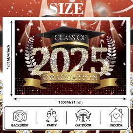 Class of 2025 Graduation Decorations - Red and Gold Banner Backdrop Congrats Grad Banner Decorations Photography Background Graduation Prom Party Supplies Glitter