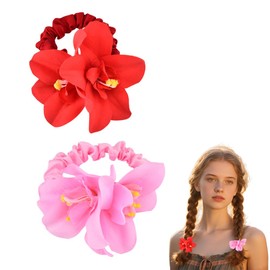 Flower Scrunchies for Women Flower Hair Ties Rubber Bands Red Pink Floral Ponytail Holders Hair Rings Scrunchies Ropes Elastics Accessories Rubber Band Birthday Gifts 2pcs