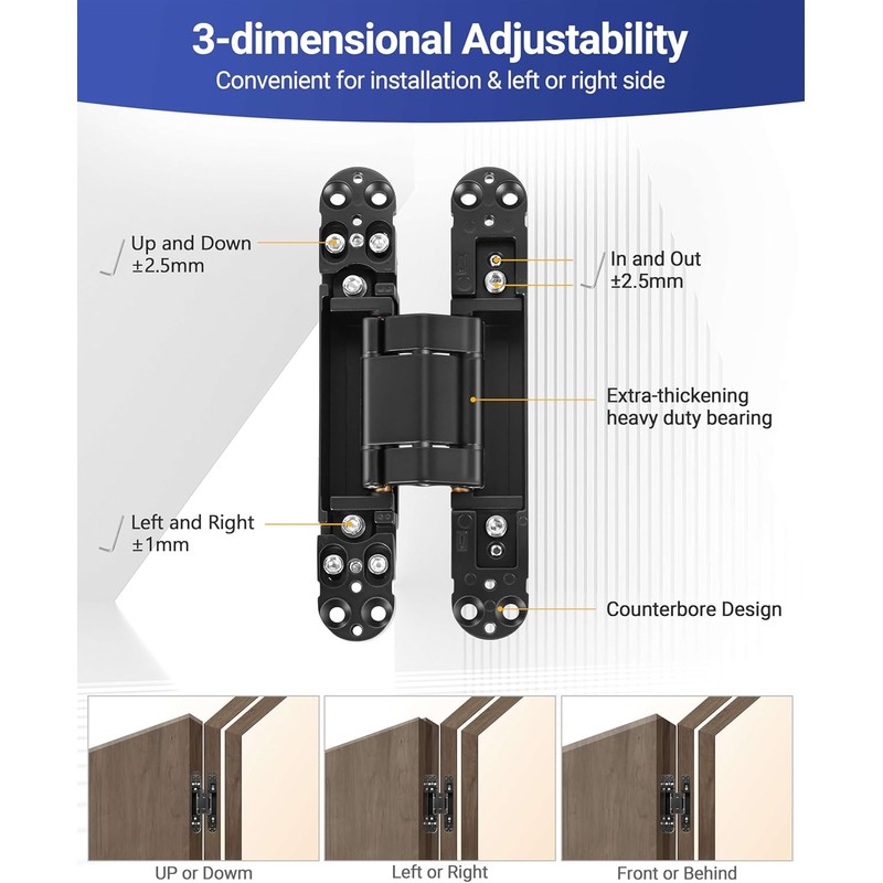 7 Inch Invisible Door Hinges (2 Pack), 3D Adjustable Hidden