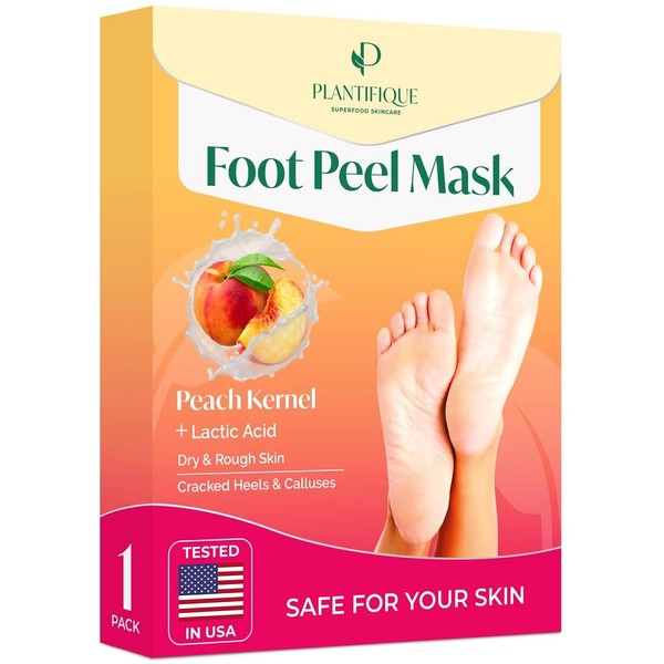 PLANTIFIQUE Foot Peeling Mask - Peeling Foot Mask Dermatologically Tested Repairs Heels & Removes Dry Dead Skin for Baby Soft Feet - Exfoliating Foot Peel Mask for Dry Cracked Feet (Peach 1 pack)