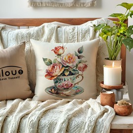 ULOVE LOVE YOURSELF Teacup Floral Throw Pillow Covers 18 x 18 Inch Watercolor Wildflowers Pillowcases Rustic Farmhouse Spring Summer Flower Cushion Covers 2pack for Sofa Couch Patio Porch (Pink)