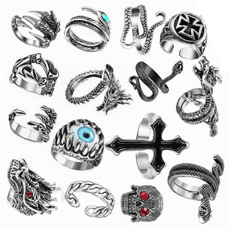 15pcs Rings Set Vintage Snake Skull Shaped Adjust Opening Alloy