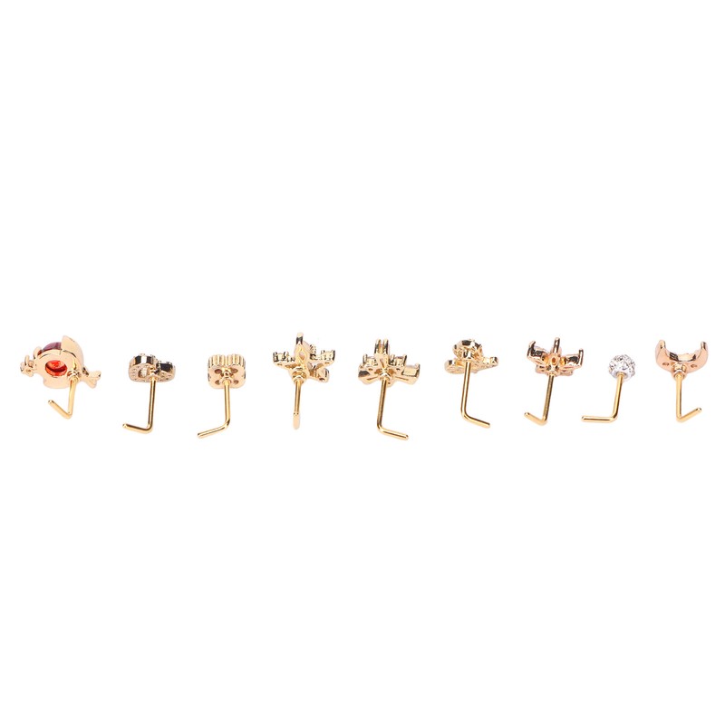 9pcs Nose Studs Set Golden Stainless Steel L Shape Shiny
