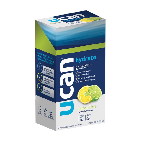 UCAN Hydrate Electrolyte Powder Stick Pack with 5 Key Electrolytes - Lemon-Lime Flavor. Sugar Free, 0 Carbs, 0 Calories, Gluten-Free, Non-GMO, Vegan, Optimal Hydration (12 Count)