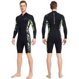 Men Camoflage Shorty Wetsuits Long Sleeve UPF 50+ Rashguard 1.5mm Premium Neoprene Back Zip Shorty Dive Skin for Spearfishing Snorkeling Surfing Canoeing Scuba Diving Suits XXL