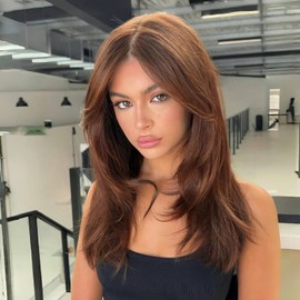 WOKESTAR Long Straight Wigs for Women with Curtain Fringe, Layered Synthetic Color Hair(Deep Chestnut Brown)