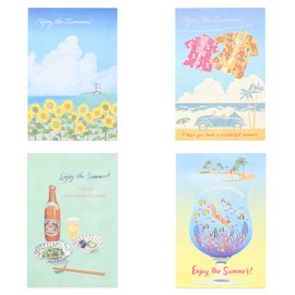 [Set of 4] Post Cards, Message Pattern, Cute, Summer, Postcards, For Companies, Friends, Greetings, Celebrations, 5.8 x 3.9 inches (14.8 x 10 cm), Leaf Work Company Set, Present, Stylish, Mini