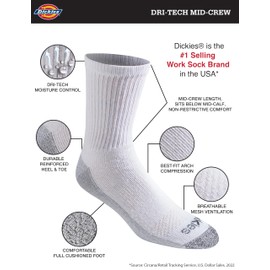 Dickies Men's Dri-tech Moisture Control Comfort Length Mid-Crew Socks, Comfort Length White (6 Pairs), X-Large