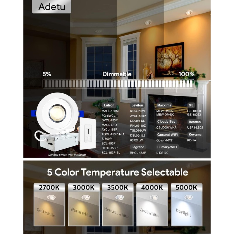 Adetu 4 inch Gimbal led recessed Light, 360°+90° Adjustable Directional