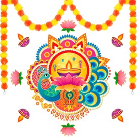 HOWAF Happy Diwali Decorations for House, Happy Diwali Stickers Diwali Rangoli Decorations Floor Stickers Diwali Diyas Indian Decorations with 2 Artificial Marigold Garland Marigold Flowers Garland