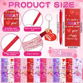 Zenoble 24 Sets Valentines Pens Gift for Coworker Employee Team Staff Office Appreciation Gifts Bulk Heart Keychains with Ballpoint Pens Inspirational Thank You Cards