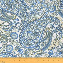 Feelyou Paisley Fabric by The Yard, Boho Paisley Floral Upholstery Fabric for Chairs Sofa Couch, Bohemian Exotic Style Outdoor Fabric Waterproof, Indian Style Decorative Fabric, 1 Yard, Blue Green