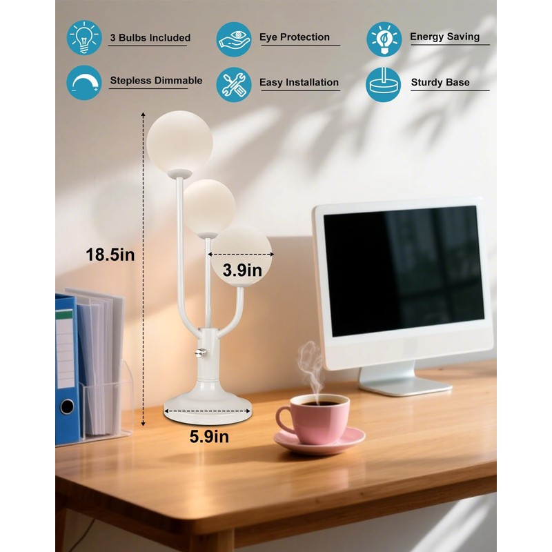 Lightdot Modern White Globe Table Lamp Dimmable Mid Century 3-Light