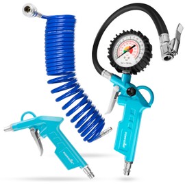 Poppstar Compressed Air Accessory Set: Tire Inflator (0-16 bar, Hose: 340 mm), Compressed Air Spiral Hose 5m, Blow Gun (12 bar)