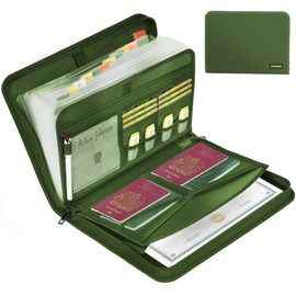 JUNDUN Fireproof Document Organiser - 13 Pockets Expanding File Folder with Zipper & Labels - Portable Waterproof File Organiser with Multi-Pockets Folder for A4 Documents | Receipt and More(Green)