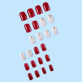 Cubahop 24pcs Christmas Nails Short Square False Nails Red Elk Forest Snowflakes Nails False Snowman Gold Glitter Sheet Nail Print for Women and Girls (Red F)