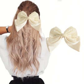 White Silk Satin Bow Hair Clips for Women Girls Bridal Wedding Lace Tulle Bowknot French Hair Barrettes Prom Dress Party Headpiece Pearl Accessory Xmas Valentines Gift Large Set