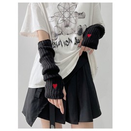 Verdusa Verdusa Women's Heart Knit Arm Warmers Y2k Arm Sleeves Fingerless Gloves Black One-Size