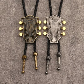 COOLLA Guitar Bolo tie Rodeo Cowboy Leather Necktie Western Bolo ties for Men Women (Silver)