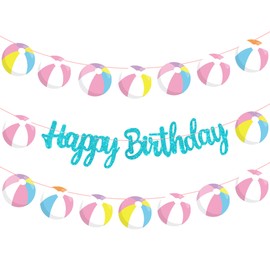 Beach Ball Happy Birthday Banners Glitter Blue Hawaiian Beach Pool Party Decorations Pink Pool Birthday Banner Summer Theme Party Decor for Girls Hawaii Holiday Baby Shower Supplies