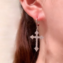 Fashion CZ Cross Dangle Earrings for Women Girls Hypoallergenic Crystal Charms Drop Dangling Huggie Small Hoop Cartilage Cuff Dainty Punk Faith Jewelry Gifts for Prayer (Silvery)