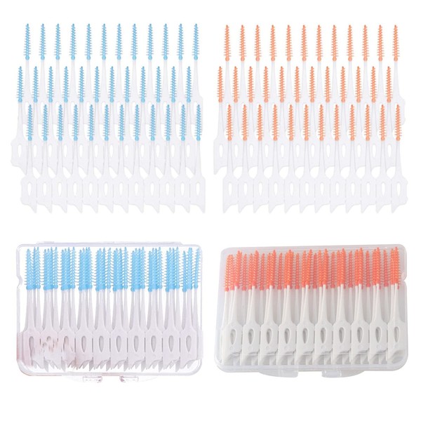 WOSO 2 Boxes of Dental Floss Sticks, Elastic Interdental Brushes, Plastic Toothpicks and Dental Floss Sticks, Tooth Cleaner with Storage Box (40 Oranges + 40 Blues)