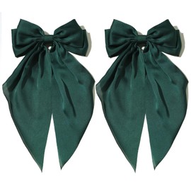 Furling Pompoms Hair Bows for Women - Pack of 2 Dark Green Hair Bow Clips for Girls Satin Big Bows Long Tail Alligator Clip Ribbon Hair Barrette Hair Accessories for Bridal Bachelorette Party