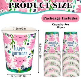 Jingmore 50 Pcs Pink Axolotl Birthday Party Supplies 9 oz Pink Axolotl Paper Cups Disposable Reptile Animals Tableware Party Decorations Favors for Baby Shower