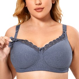 Gratlin Women's Plus Size Cotton Nursing Bra Support Wireless Breastfeeding Maternity Bras Blue Marl 42G