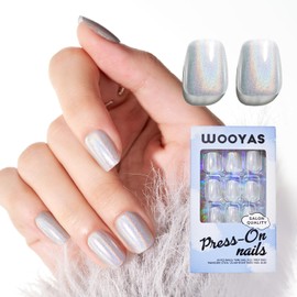 Short Chrome Press on Nails Square, Metallic Sliver Fake Nails Tips Kits with Mini Nail File, Supremely Fit & Natural Sliver Glue on Nails with Nail Glue in 12 Sizes -24 PCS Nail Kit with Nail Glue