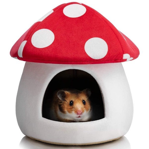 Hollypet Warm Small Pet Animals Bed Dutch Pig Hamster Nest Hedgehog Rat Chinchilla Guinea Habitat Mini House, Red Mushroom