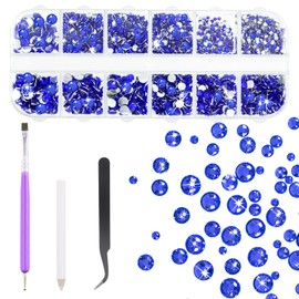 Tanstic 2606Pcs Flat Back Gems Rhinestones Kit, 2/3/4/5mm Blue Crystal Rhinestones with B7000 Glue, Tweezer, Picker Pen Dotting Tool for Nail Clothes Shoes Bags DIY Art