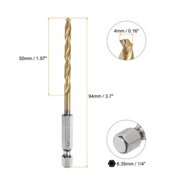 sourcing map 4pcs 1/4" Hex Shank Twist Drill Bits 4mm Titanium Coated High Speed Steel Quick Change Hex Drilling Bit Jobber Drill Bits for Wood Plastic Metal, Gold