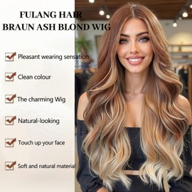 Fulang Hair Long Wavy Brown Mix Wig for Women, Long Curly Heat Resistant Fibre Synthetic Wig Ombre Wigs, Peruka Women's Natural Hair for Daily Use