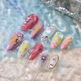 100% 5D Handmade Press on Nails with Charms Medium Almond Nails Press ons- Rhinestones Waterdrop Shell False Nails Glitter Star Press on Nails Ombre Summer Fake Nails for Women DIY Manicure Size M