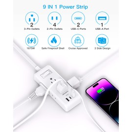 Flat Plug Power Strip, HANYCONY Ultra Thin Extension Cord, 6 Outlets 3 USB Ports(2 USB C), 5ft Multiple Outlet Extender with Wall Mount No Surge Protector for Dorm Room, Cruise, Travel Essentials
