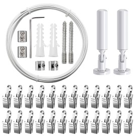 YIXISI 5 m Wall Mount Set, with 24 Pieces Metal Clips Hooks, Stainless Steel Curtain Wire, Curtain Steel Rope, for Photo Wire, Clothesline, Wire, Window, Curtain, Tension Wire (White)
