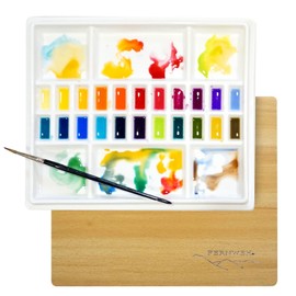 Ceramic Watercolor Paint Palette with Wooden Lid - 12x10 Inch Porcelain Mixing Tray with 22 Wells and 6 Large Wells - Professional Palette for Gouache, Acrylics, and More - Durable Design