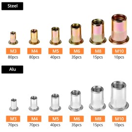 QWORK® Pack of 500 Rivet Nuts Assortment M3-M10, Flat Head Threaded Rivets, Retractable Nuts, Aluminium & Galvanised Steel, Rust-Resistant and High Quality