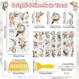 WANDIC 6 Sheets Rub On Transfer Stickers Vintage Floral Decals Waterproof Stickers Furniture Windows Craft Decals for Home Office DIY Scrapbooking Photo Albums Greeting Cards Wall,12 * 6in