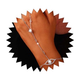 Obmyec Dainty Evil Eye Hand Chain Bracelet Rhinestone Charm Finger Ring Bracelets Slave Hand Jewelry for Women (Silver)