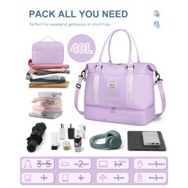 BAGAIL Travel Duffel Bag, Weekender Bags for Women, Overnight Gym Carry On Tote Bag with Wet Pocket, Hospital Mom Bag for Labor and Delivery - Extra Large Set, Purple