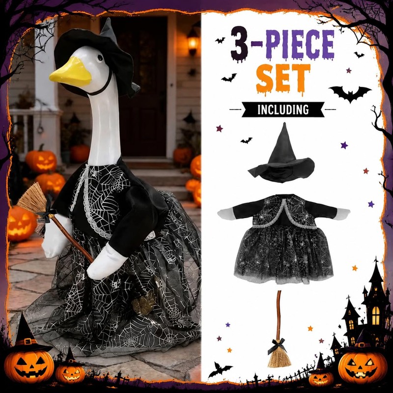Halloween Goose Outfit Clothes,Hat,Skirt,Broom, Set for 23 Inch Cement Geese