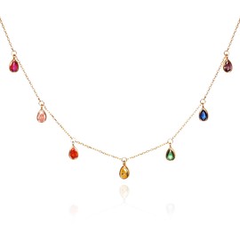 namana Colorful Gold Necklaces for Women in 925 Sterling Silver with Hanging Pear Shaped Rainbow Charms, Dainty Gold Necklace for Women with Colored Cubic Zirconia Stones